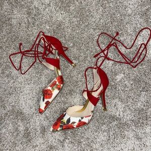 Red Floral Heels with Ties